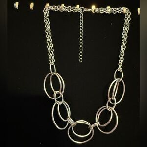 Vintage Silvertone Statement Necklace Layered Geometric Circles on Double Chain